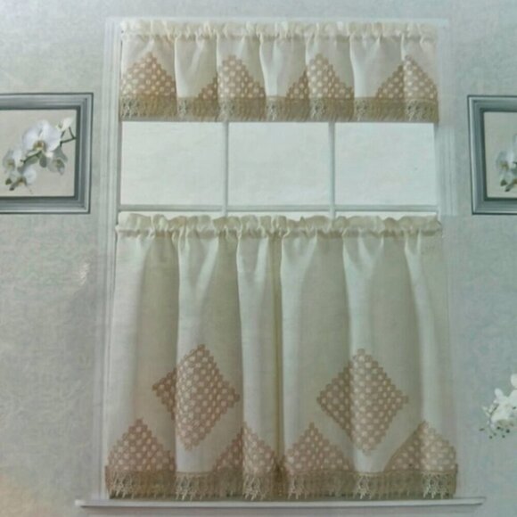 3PC Skylar Crochet Embroidery Kitchen Curtain Set - Picture 2 of 2